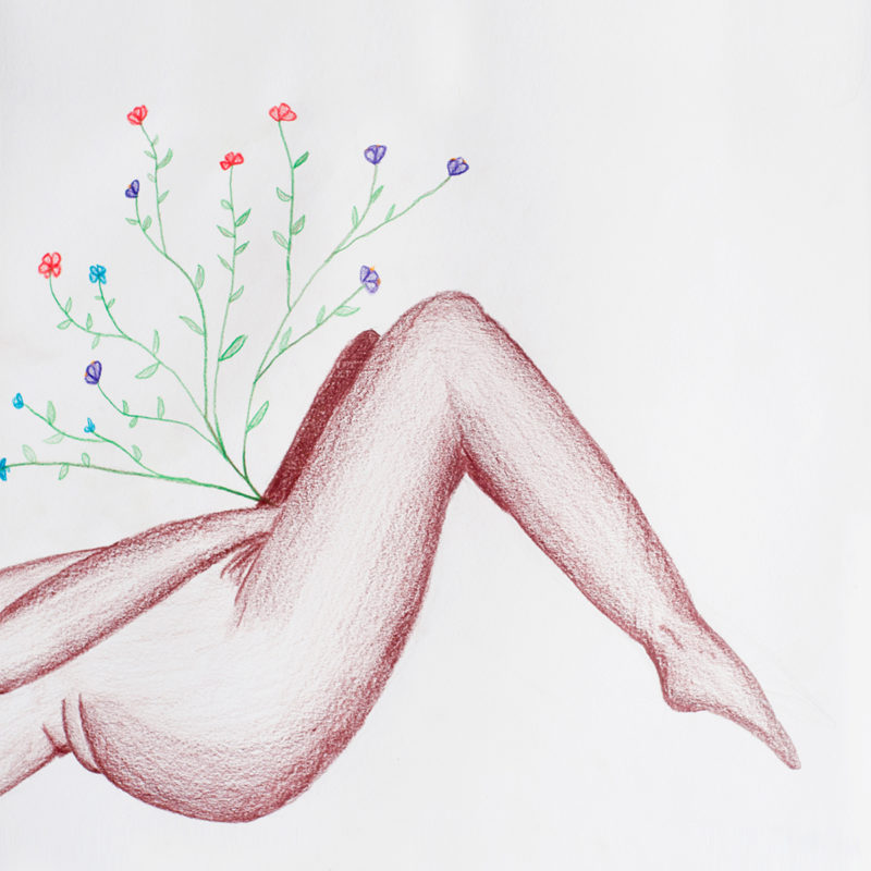 Ilustración. Perfil de mujer masturbándose con flores saliendo de la zona de entrepierna.