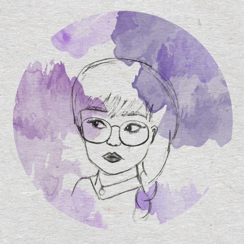 Ilustración. Mujer mira hacia un lado y hay un círculo de manchas de pintura violeta cubriéndola. 