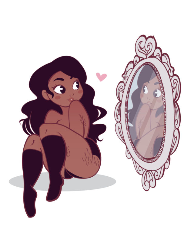 Ilustración. Mujer con estrías se mira al espejo sonriente.