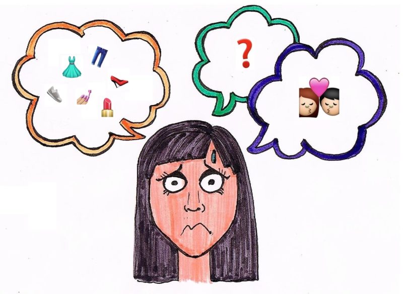 Ilustración. Mujer con expresión preocupada y tres globos de pensamiento: uno con emojis de ropa y maquillaje, otro un signo de pregunta y otro un emoji de una parejaji de 