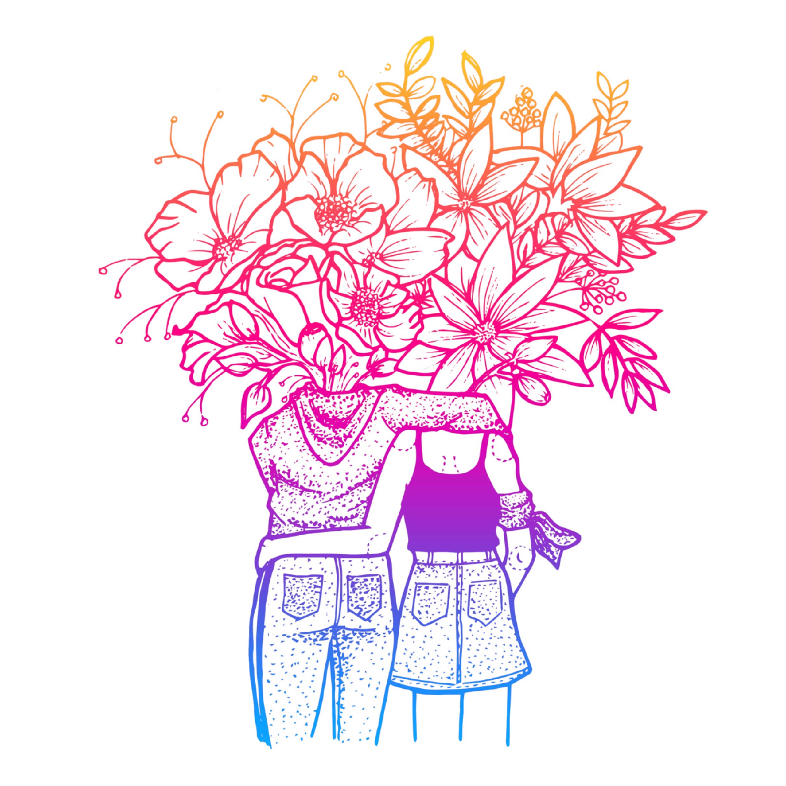 Ilustración. Dos mujeres abrazadas, de espaldas, y flores saliendo de su cuello. 