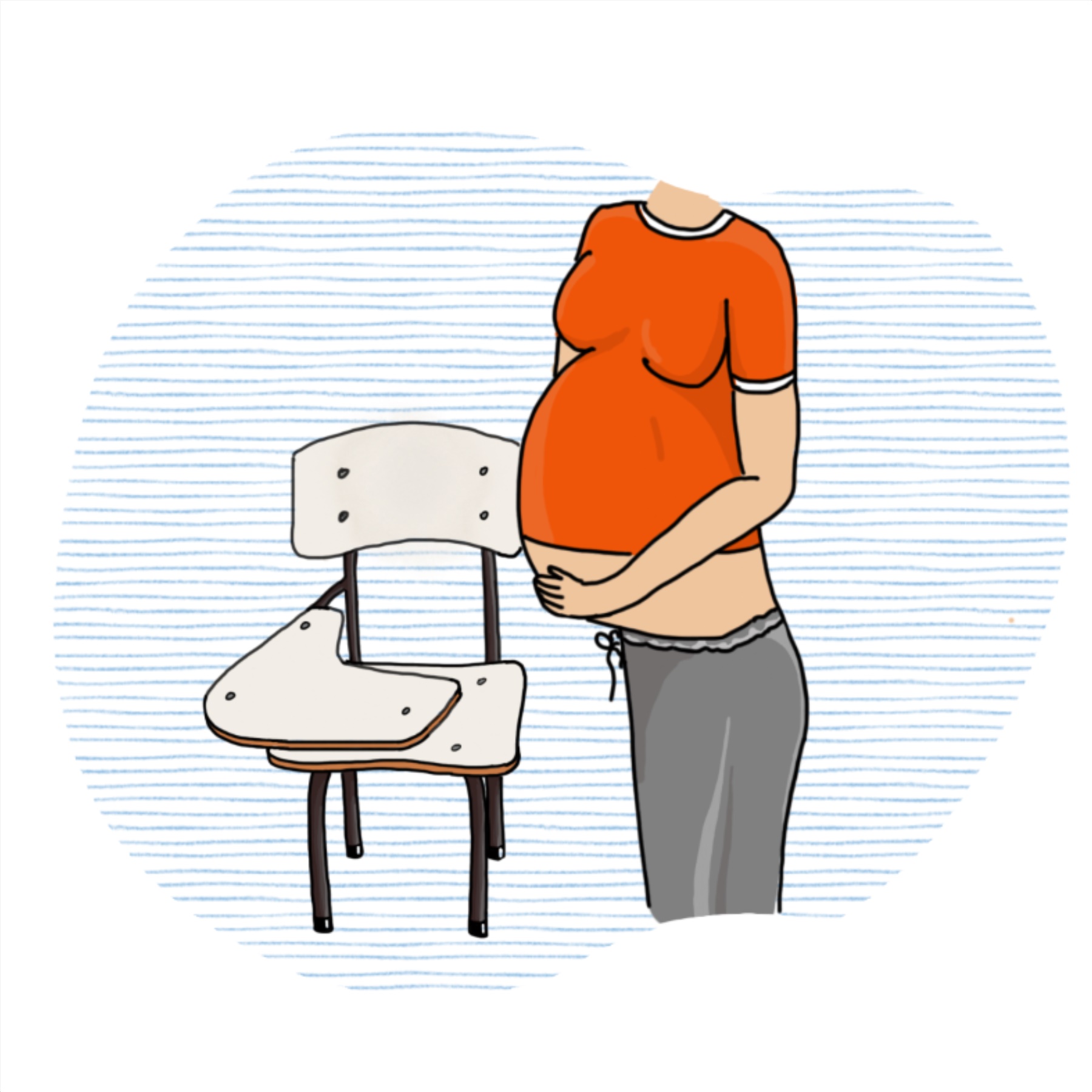Ilustración: mujer embarazada y una silla de liceo. 