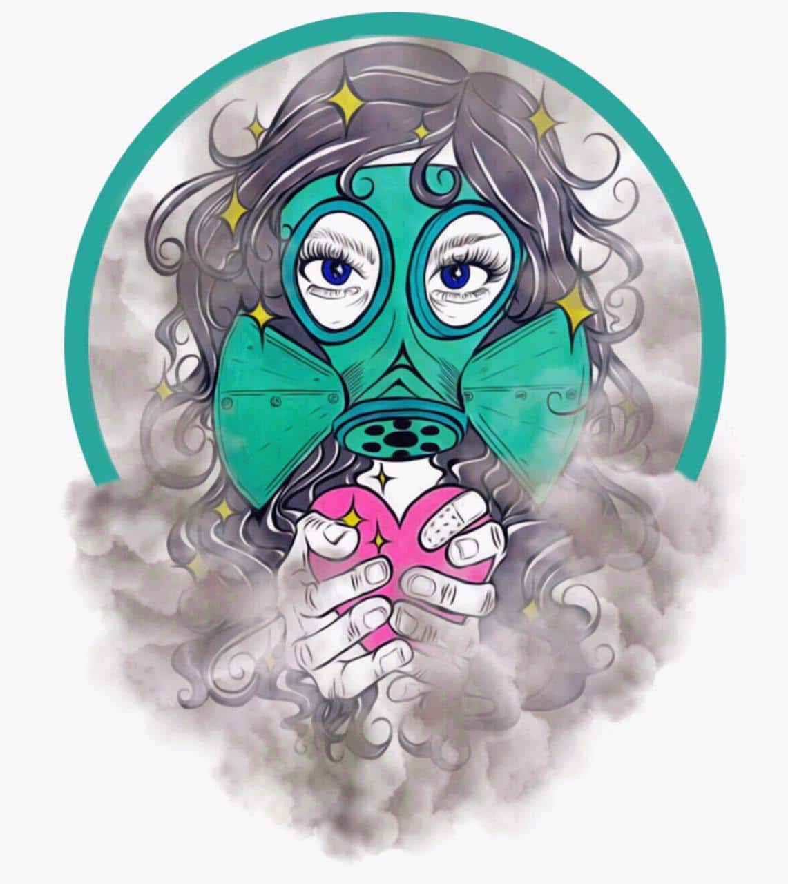 Ilustración: mujer con una máscara de gas y un corazón en las manos