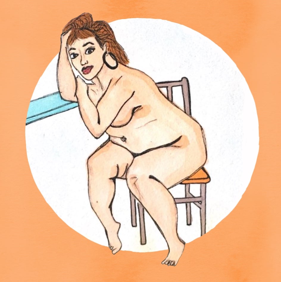 Ilustración. Mujer sentada desnuda. 