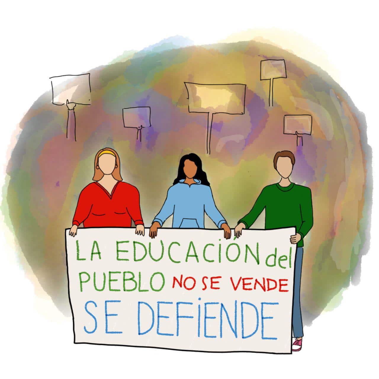 Ilustración. Marcha del 14 de agosto, estudiantes con un cartel que dice "La educación del pueblo no se vende. Se defiende". 