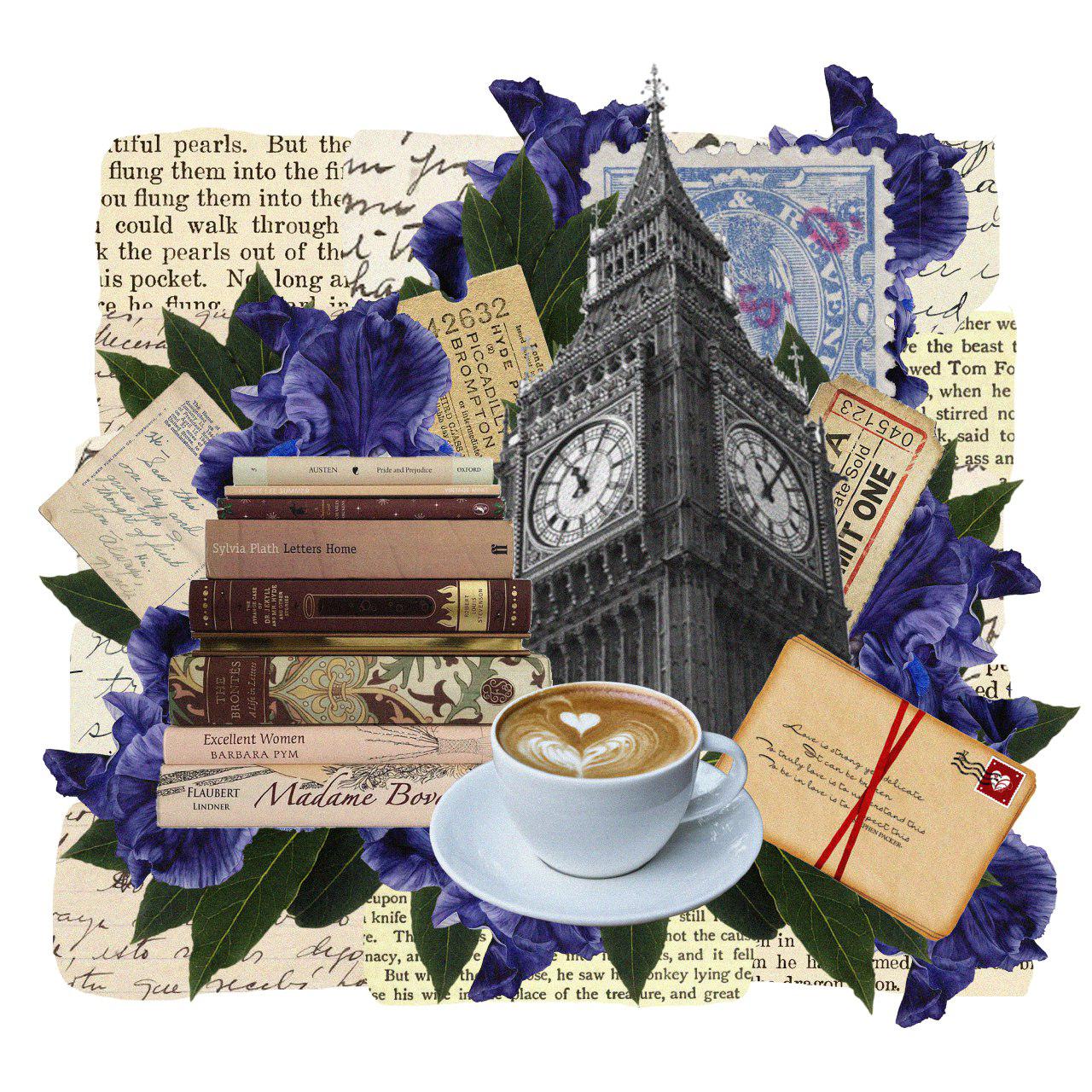 Collage con libros, flores y el Big Ben