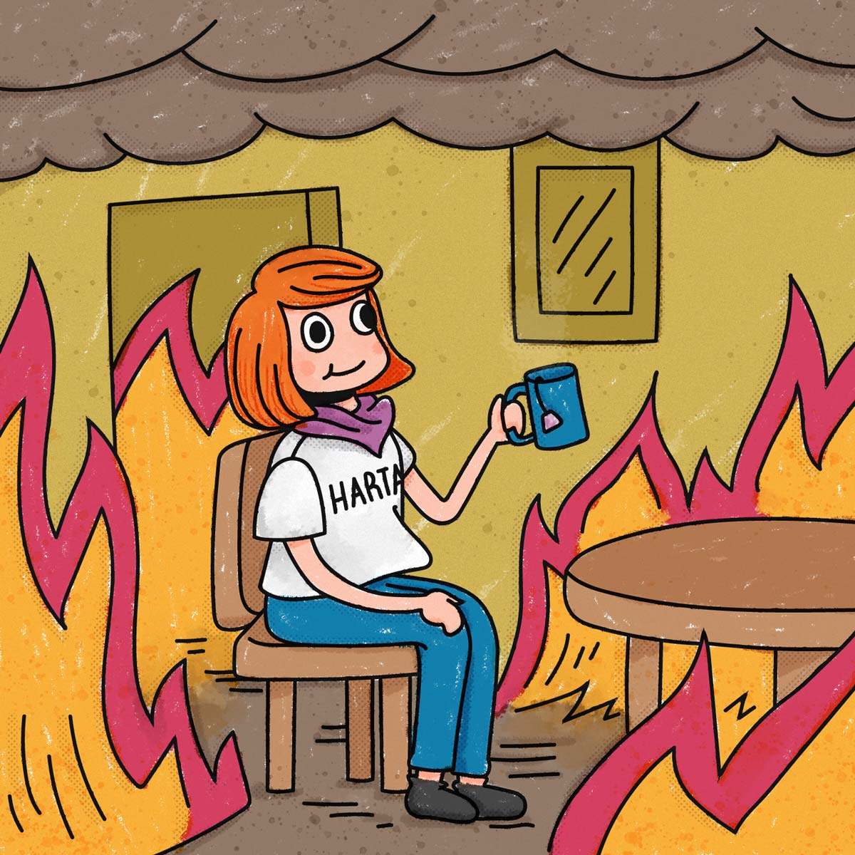 Chica con pelo naranja, remera de harta, sonriente mientras toma té, en un cuarto rodeado de llamas.