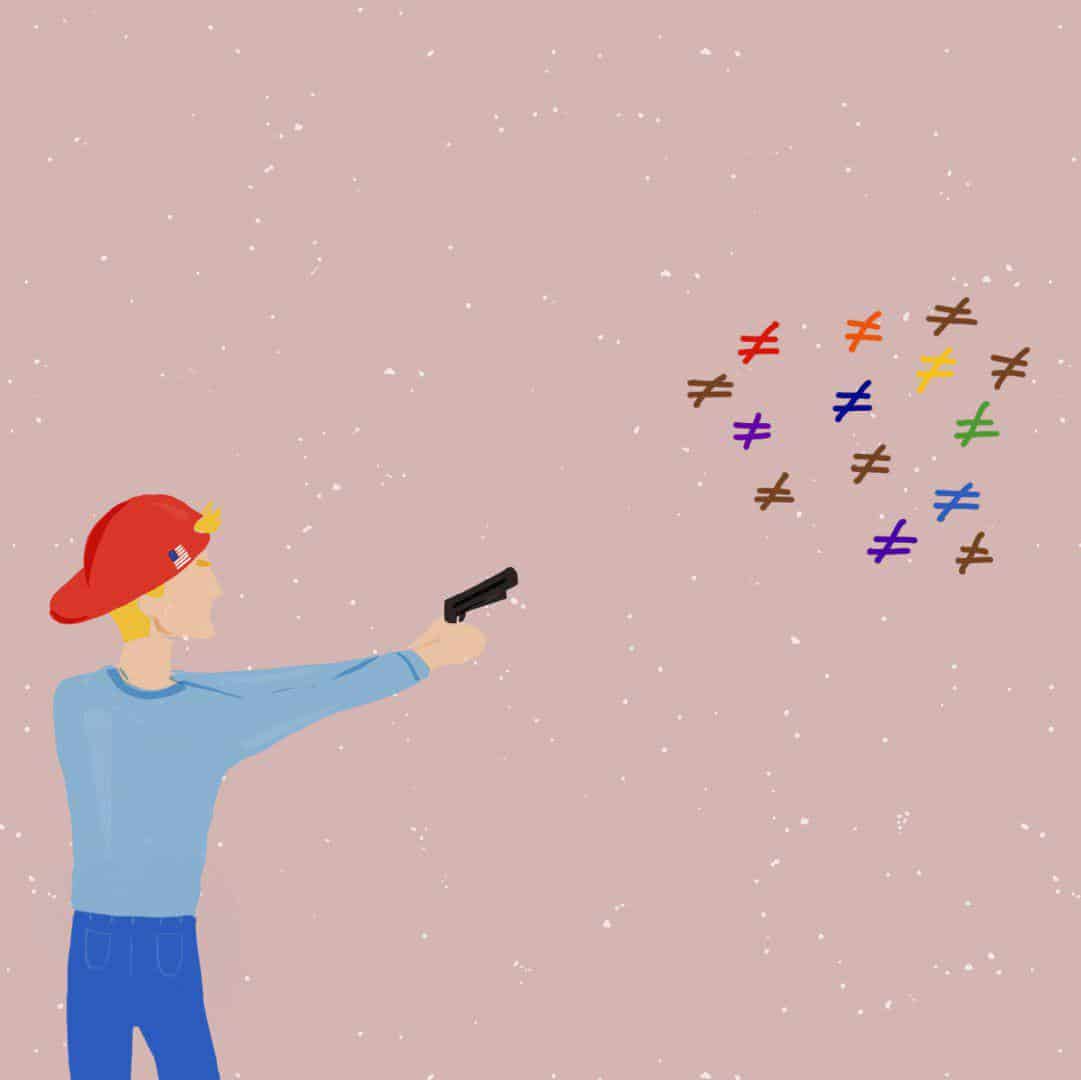 Hombre blanco con pelo rubio apuntando con un arma a símbolos de desigualdad de colores