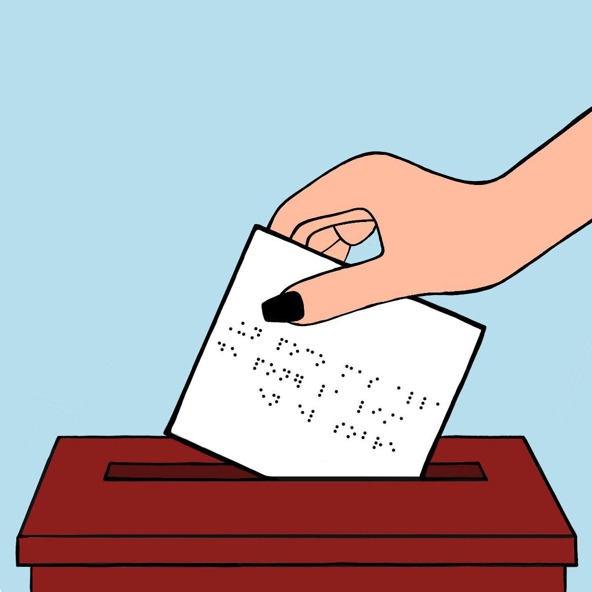 Una mano colocando un sobre en una urna de votación. El sobre tiene algo escrito en braile