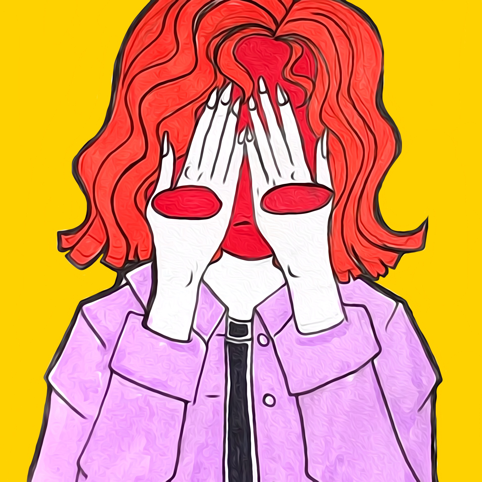 Ilustración de una mujer cubriéndose los ojos con la cara roja y óvalos rojos en las manos