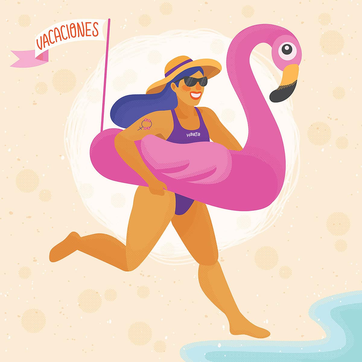 La ilustración es una chica con un flotador gigante con forma de flamenco corriendo al mar, del flotador sale un banderín que dice vacaciones y en la malla está el logo de la revista.