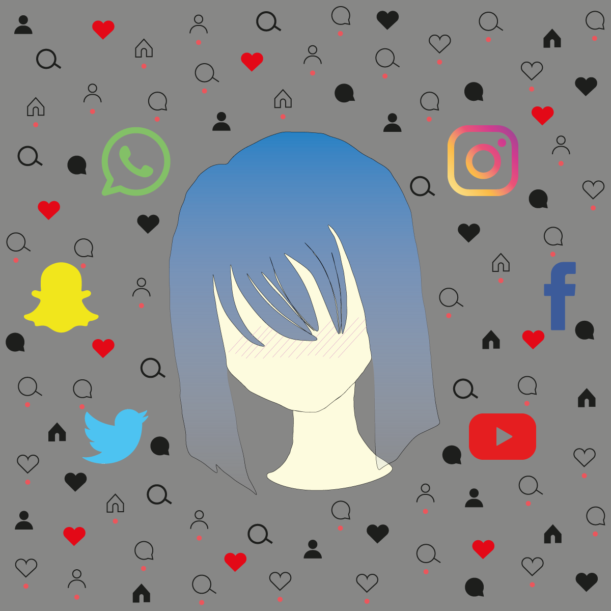 Chica sin rostro con pelo azul rodeada de iconos de redes sociales