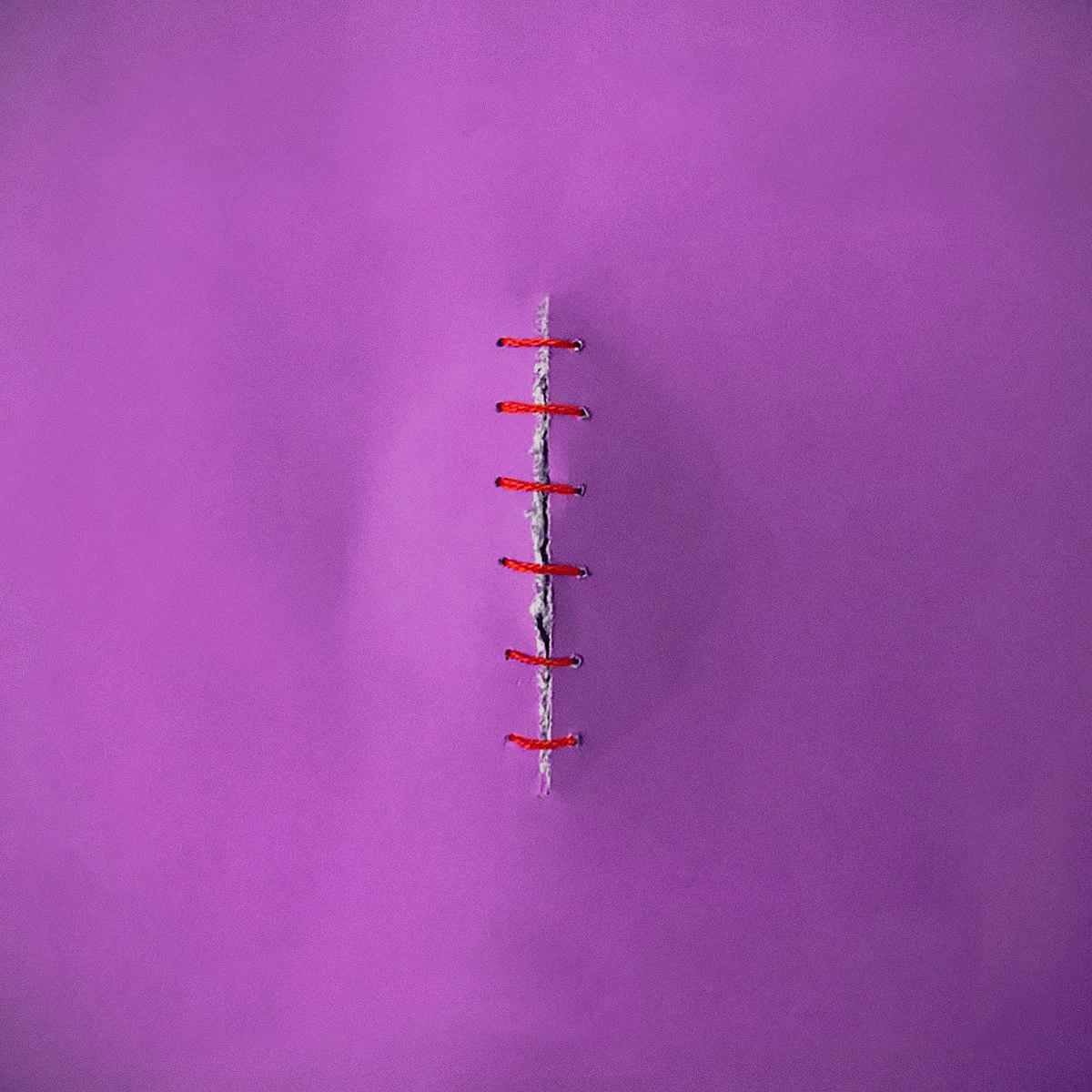 Papel violeta remachado con hilos rojos que semeja una vulva cocida