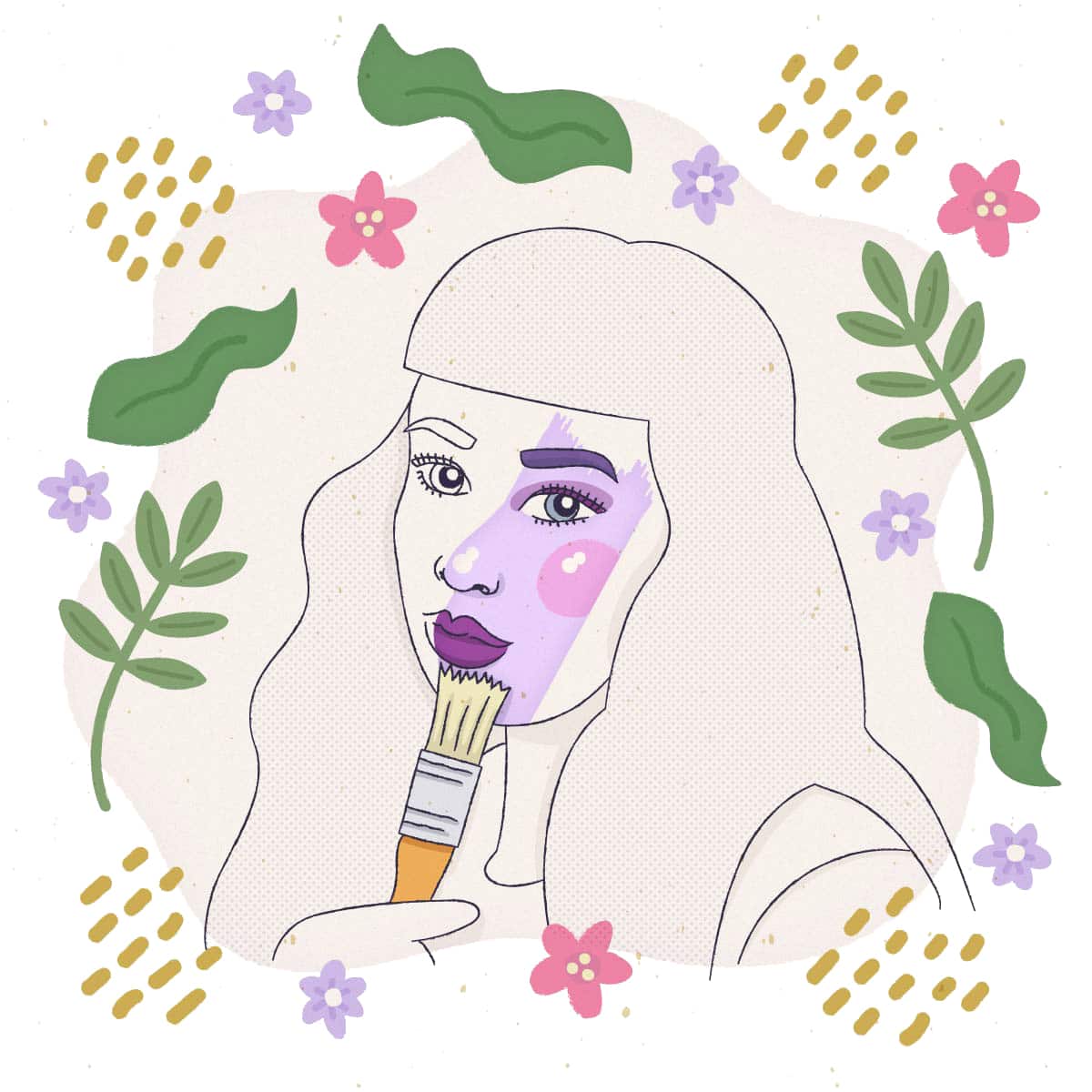 ilustración de una mujer con la cara pincelada de colores y plantas al rededor