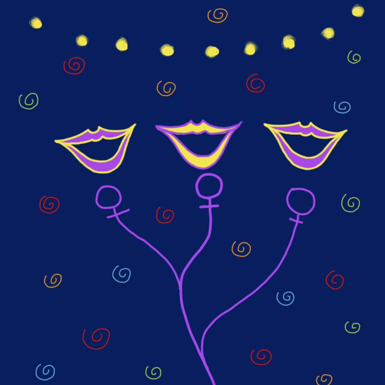 Ilustración donde hay tres bocas sonrientes en micrófonos que recuerdan al símbolo de la mujer. En el fondo hay guirnaldas en un fondo azul oscuro