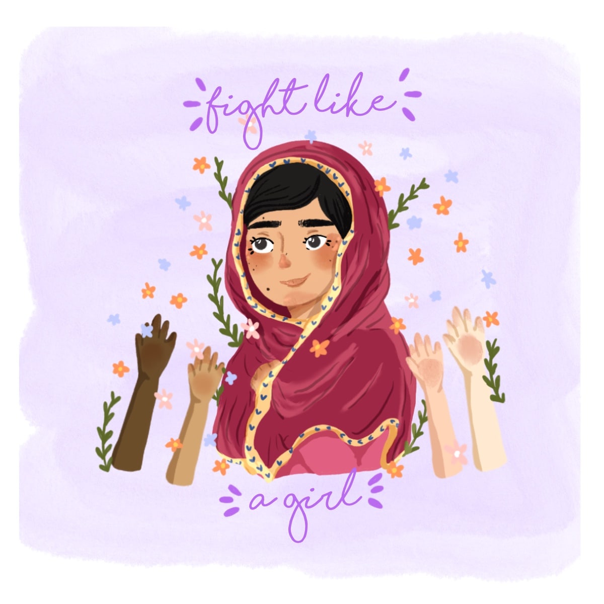 Ilustración de Malala rodeada de puños en alto y flores que dice "fight like a girl" (pelea como una chica)