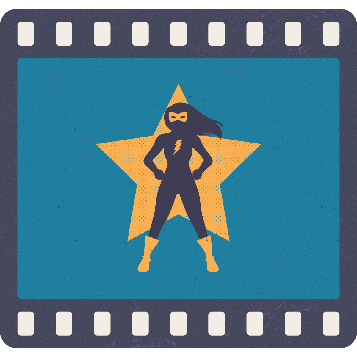 Silueta de mujer superheroína con una estrella amarilla de fondo, dentro de lo que parece ser una cinta de fotografía