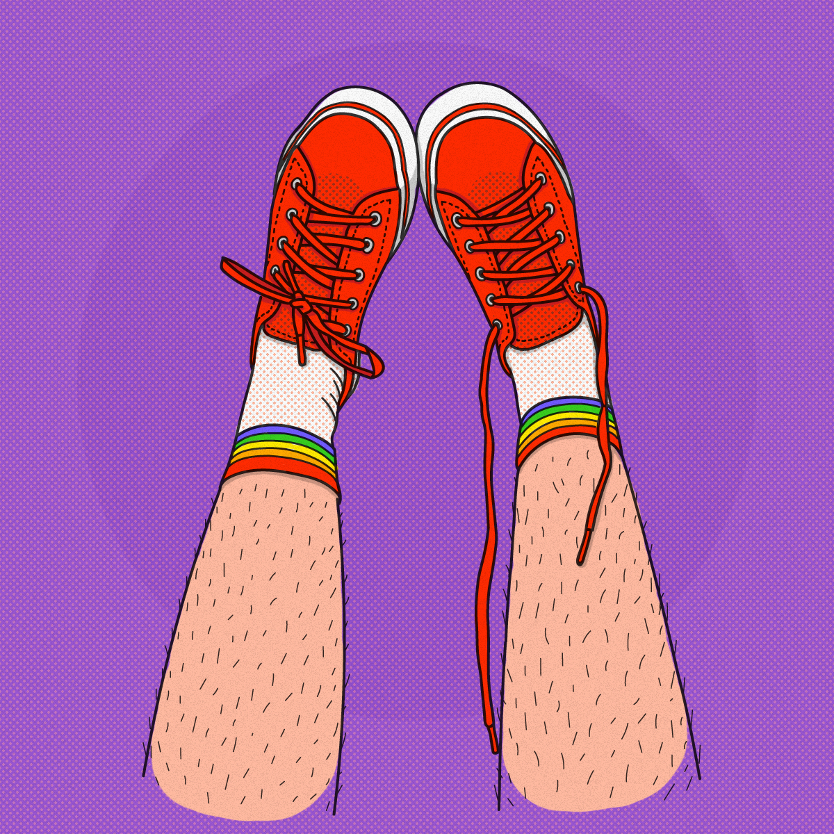 ilustración de piernas "hacia arriba", con championes rojos, medias con la bandera de la diversidad y las piernas sin depilar