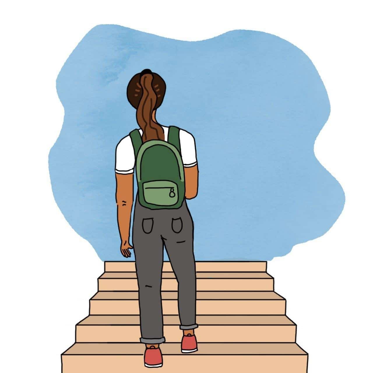 Ilustración de mujer subiendo unas escaleras con una mochila y el pelo atado. A donde se dirige se pueede ver de color celeste en fondo blanco.