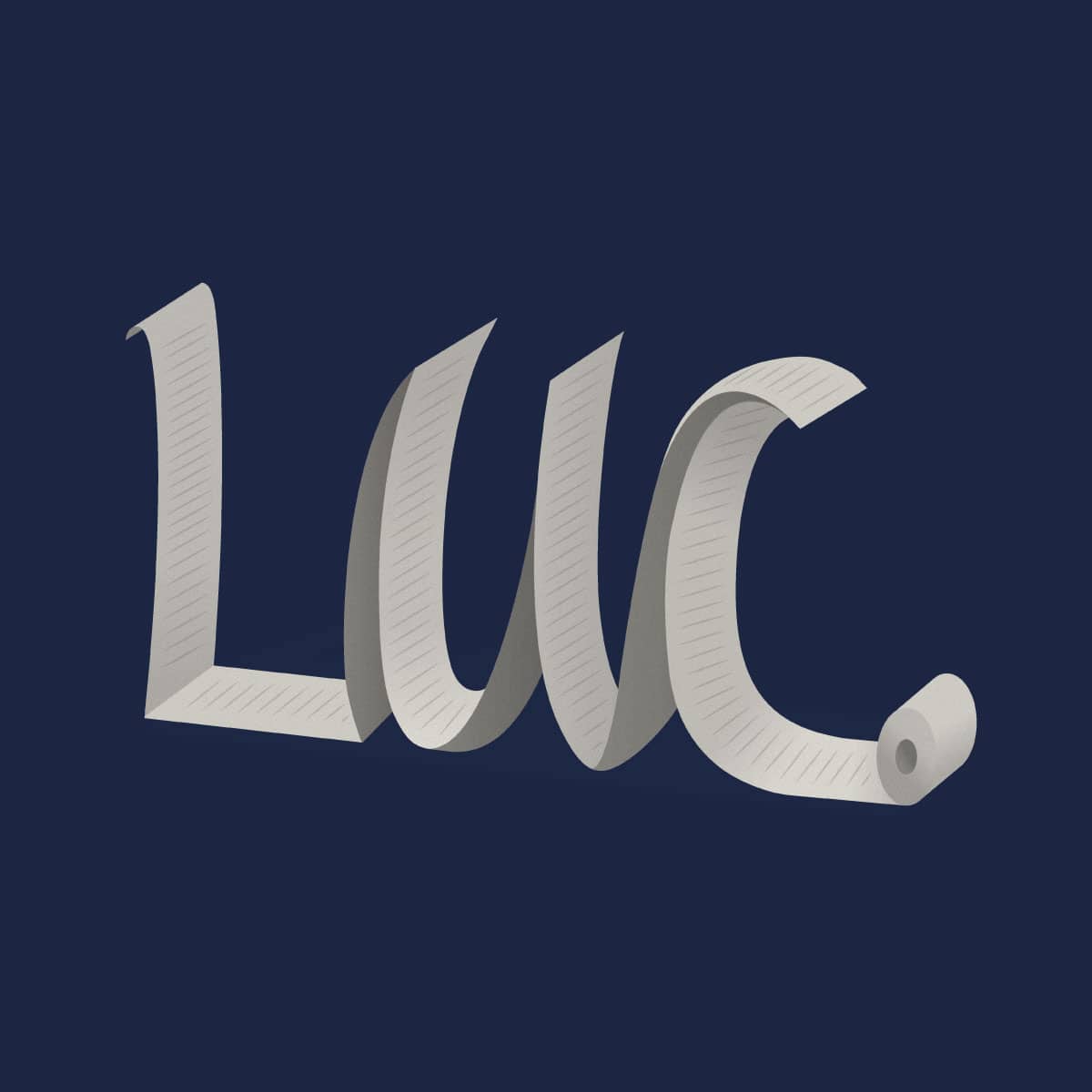 En fondo azul, una hoja blanca con renglones forma las letras LUC y se termina en un rollo de papel higiénico