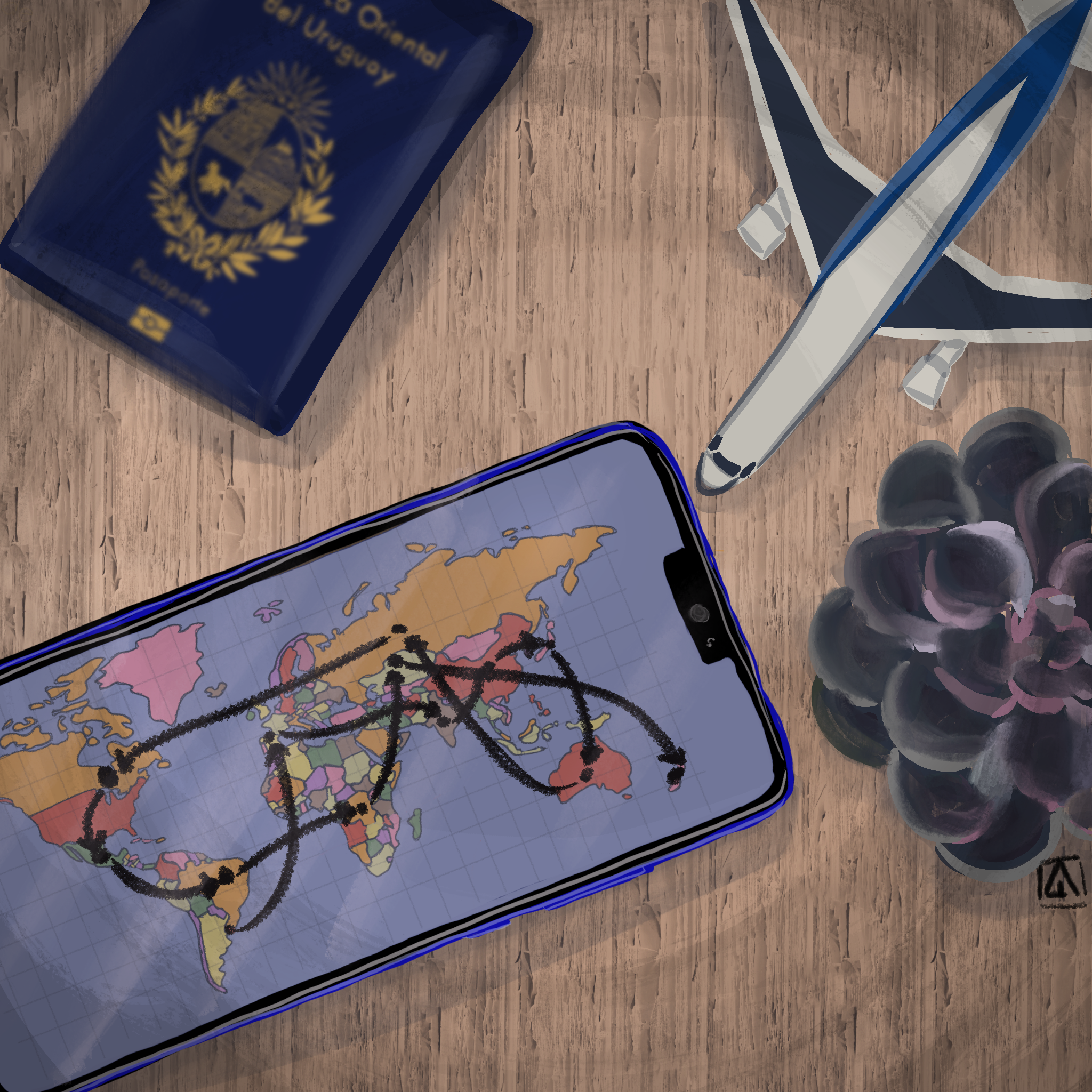 Dibujo de un celular con un planisferio, un pasaporte y un avión