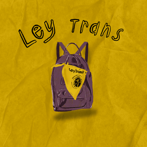 Fondo amarillo con una mochila violeta en el medio que tiene un pañuelo de ley trans