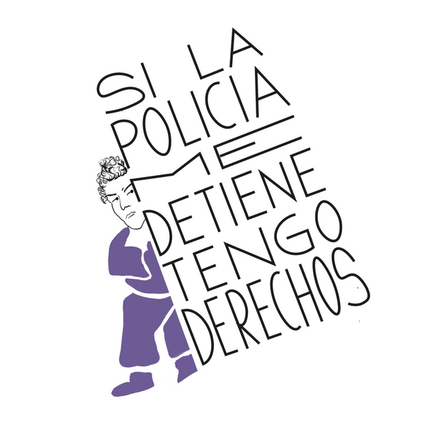 Mujer luchando con un cartel que dice "si la policía me detiene tengo derechos"