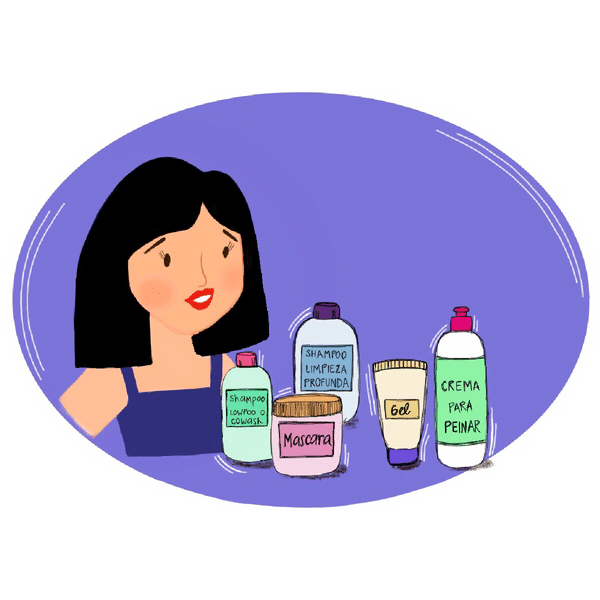 Ilustración de mujer con pelo lacio frente a muchos productos para pelo